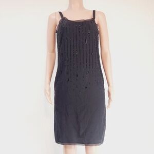 Eileen Fisher Beaded Black Silk Crepe De Chine Knee Length Dress Sz 8
